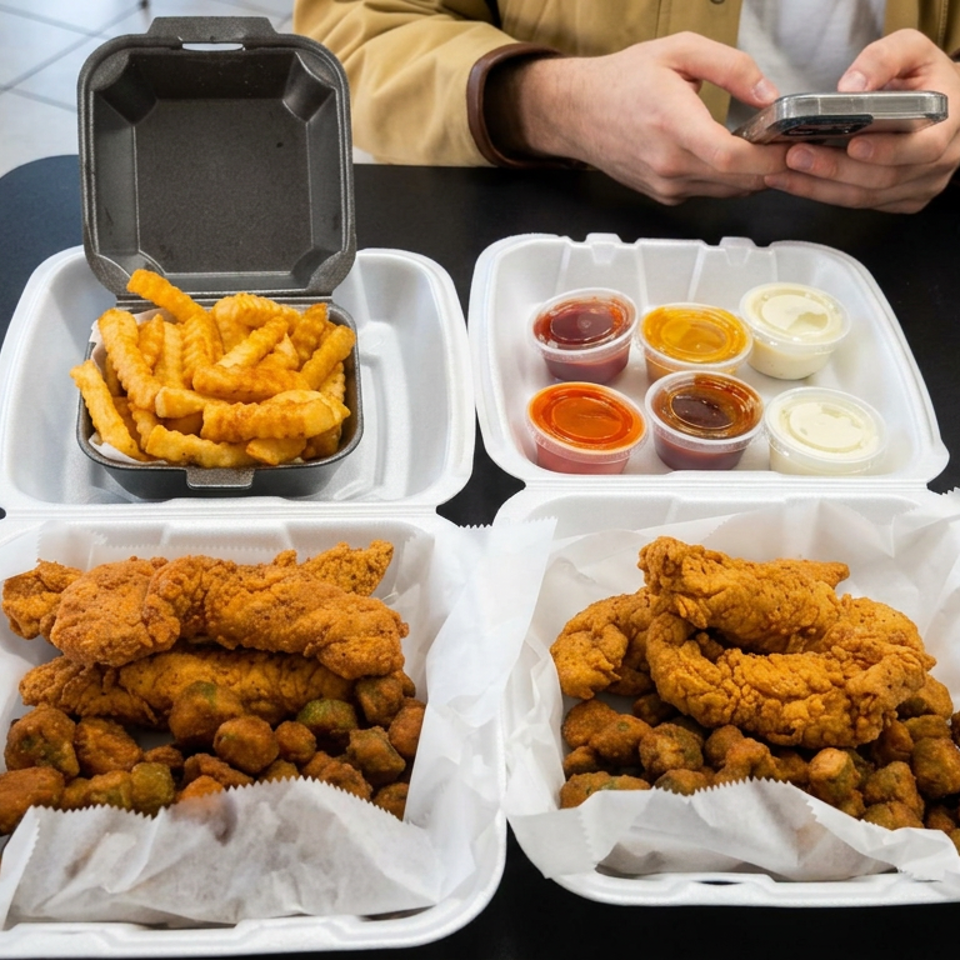 Takeout containers hold crispy fried chicken tenders, popcorn chicken, crinkle-cut fries, and assorted dipping sauces on a restaurant table.