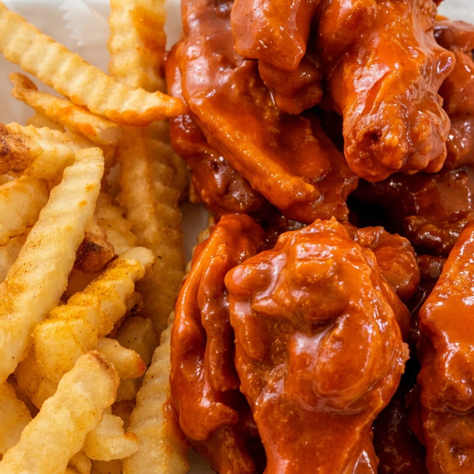 Buffalo chicken wings coated in bright red sauce served with seasoned crinkle-cut fries in a takeout container.