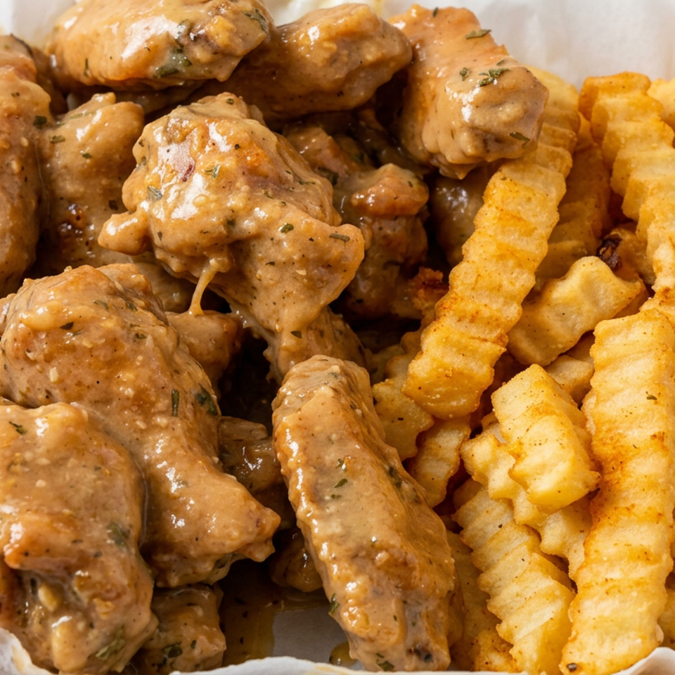 Breaded chicken wings coated in creamy herb sauce served with seasoned crinkle-cut fries in a lined takeout container.