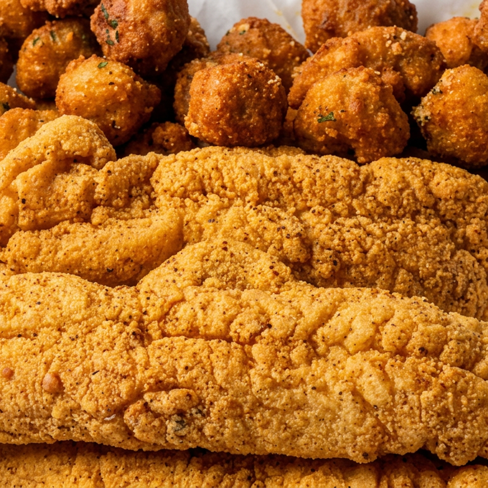 Basket of golden fried fish fillets and round hush puppies lined with white paper.