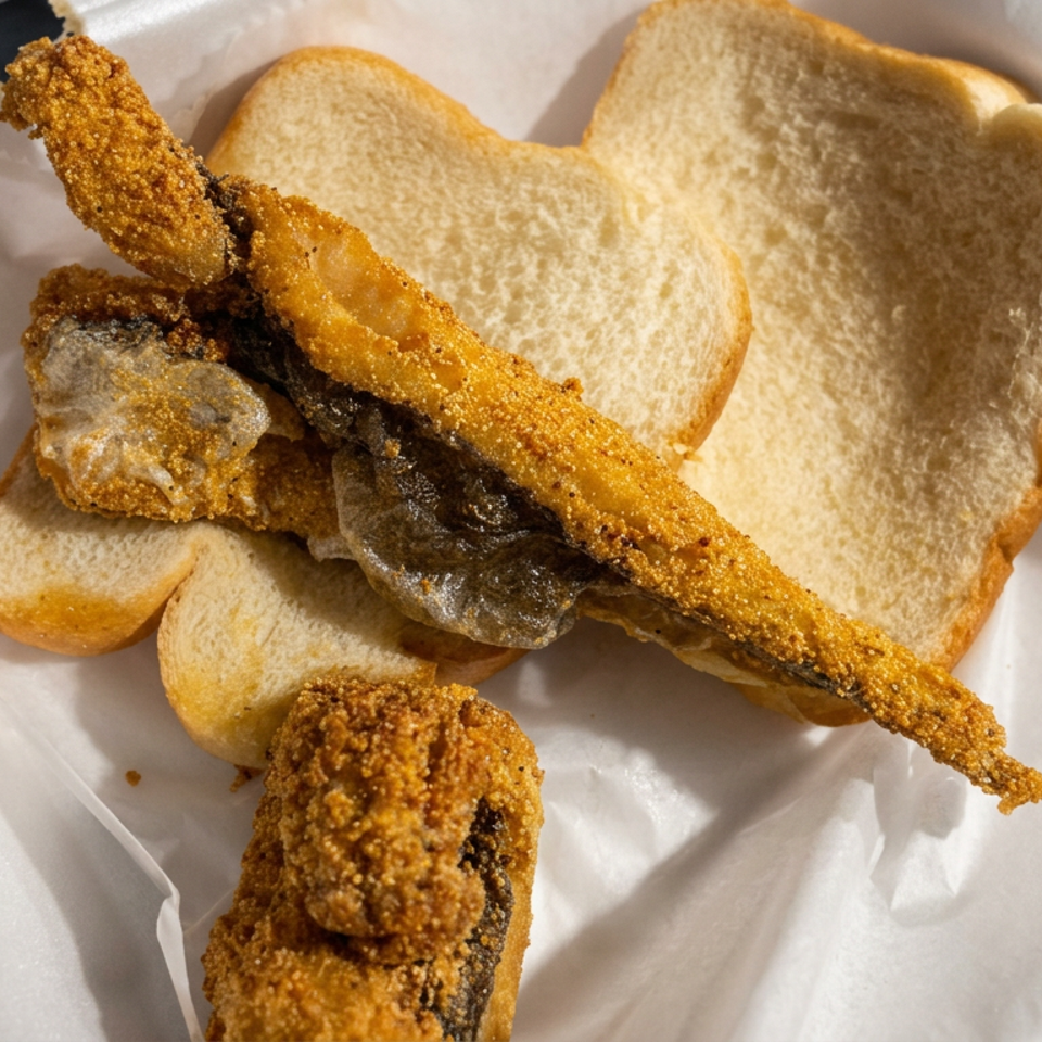 Crispy fried seafood sandwiches on white bread, served in a paper-lined takeout container.