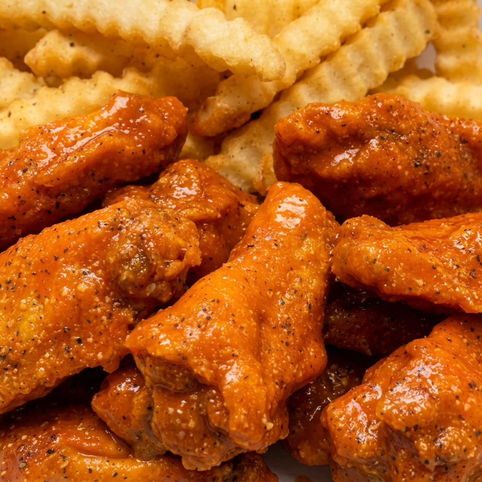 Crispy chicken wings coated in orange sauce and black pepper, served with golden waffle fries on parchment.