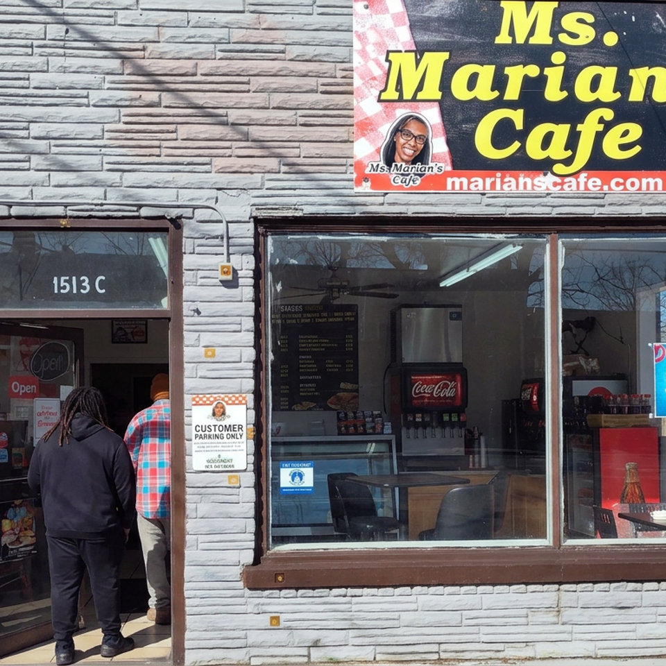 Ms. Marian’s Cafe storefront with prominent signage, two customers entering, and a visible counter and dining area through the windows.