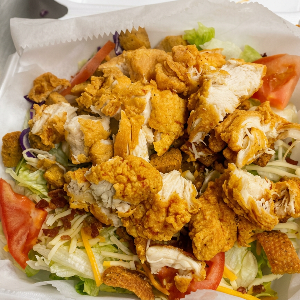 Crispy fried chicken pieces piled over a garden salad with lettuce, tomatoes, shredded cheese, and vegetables.