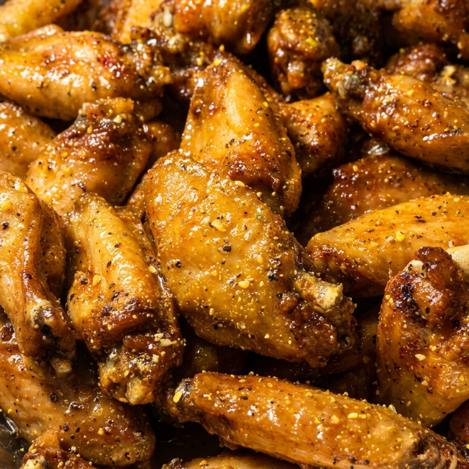 Pile of golden-brown, seasoned chicken wings coated in sauce, served in a disposable aluminum tray.