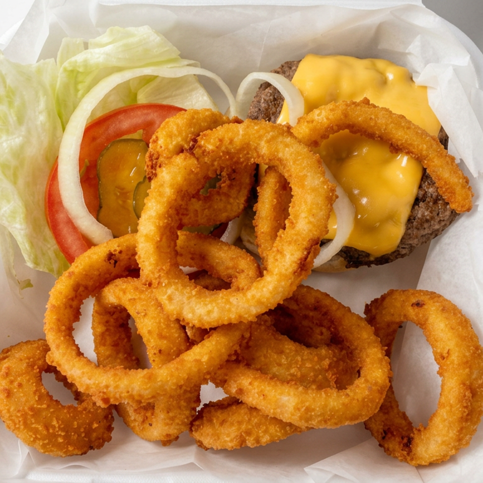 Cheeseburger with lettuce, tomato, pickles, and onions topped with crispy onion rings in a paper-lined tray.